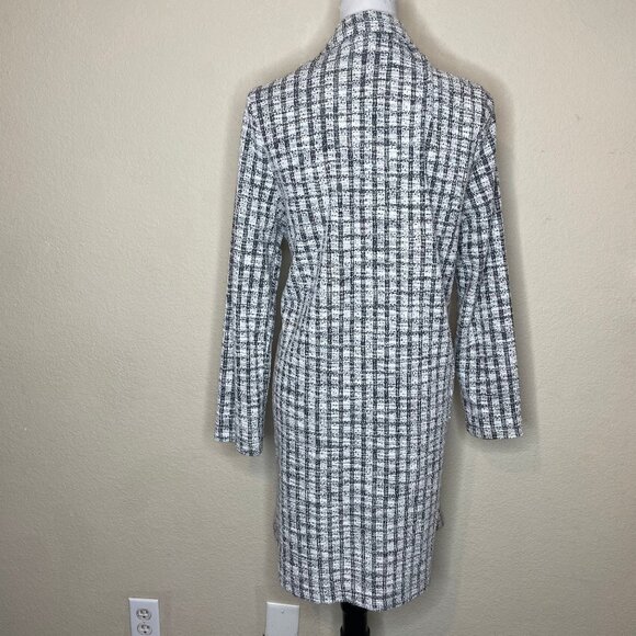 Melloday Black White Plaid Open Front Cotton Blend Longline Coat Jacket M - Picture 4 of 16